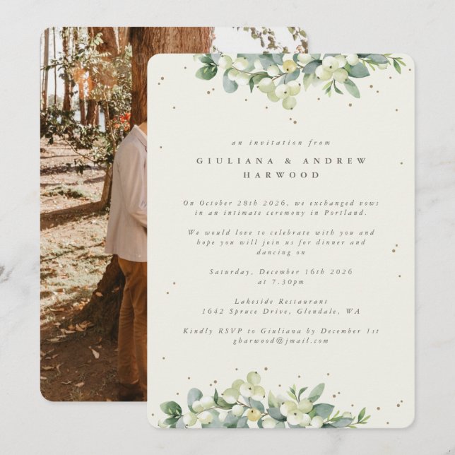 Invitation Crème Snowberry+Eucalyptus Réception de mariage Ph (Devant / Derrière)