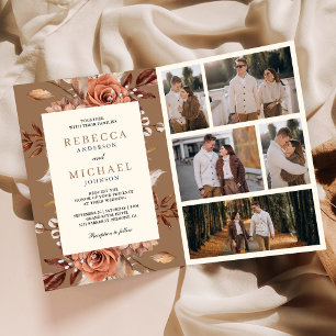 Invitation Crème Terre Cuite Code QR Floral Beige Tanné Maria