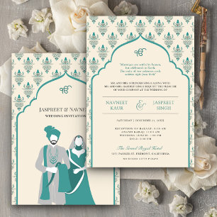 Invitation Crème Turquoise Punjabi Anand Karaj Sikh Mariage