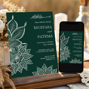 Invitation Crème verte émeraude Mehndi Henna Mariage Musulman