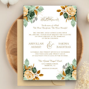 Invitation Crème verte Floral Or QR Code Musulman Mariage