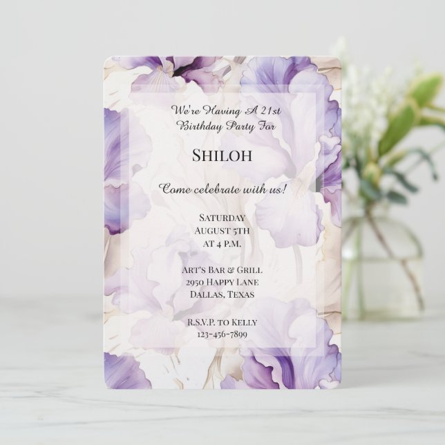 Invitation Crème violette romantique Iris Fleur Anniversaire (Debout devant)