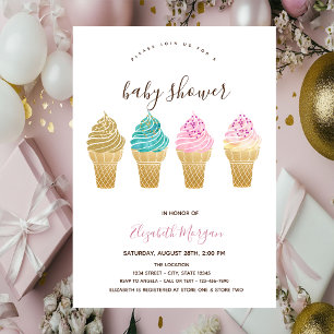 Invitation Crèmes glacées Baby shower rayé rose