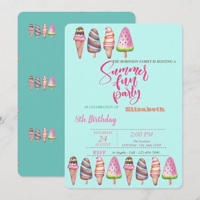Invitation Crèmes glacées cônes été fête d'anniversaire (Devant / Derrière)