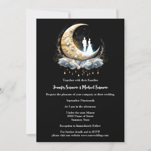 Invitation Crescent céleste bleu blanc blanc couple noir lune