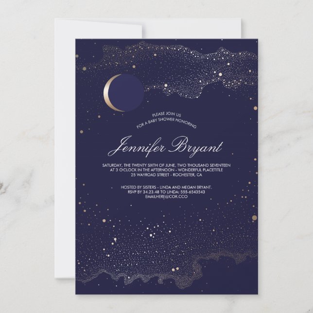 Invitation Crescent Lune et Etoiles de nuit Baby shower (Devant)