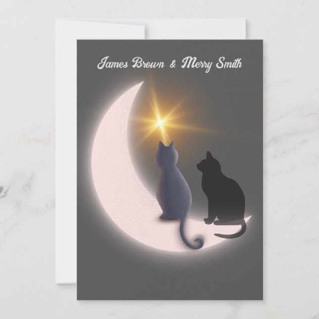 Invitation Crescent Moon Chats en Love Gold Star Mariage (Devant)