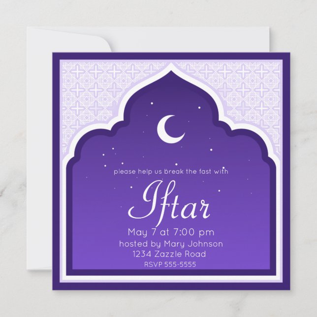 Invitation Crescent Moon & Étoiles Ramadan, violet, gris (Devant)