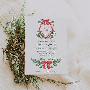 Invitation Crest de Noël Mariage blanc rouge et vert