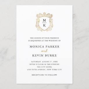 Invitation Crest doré Élégant Mariage noir et blanc