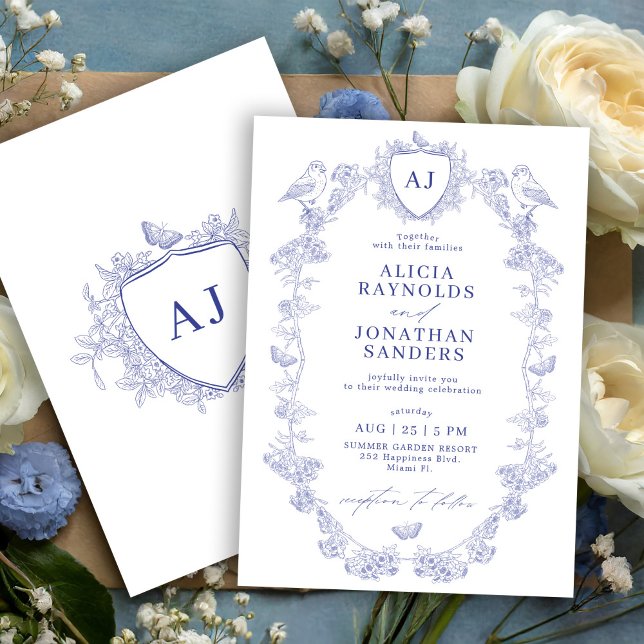 Invitation Crest monogram classic blue toile de jouy wedding (Créateur téléchargé)