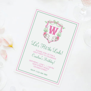Invitation Crest Monogramme Chariot de Golf Rose et Vert Aqua