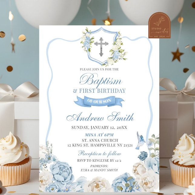 Invitation Crête Bleue et Baptême Floral & Premier anniversai (Créateur téléchargé)