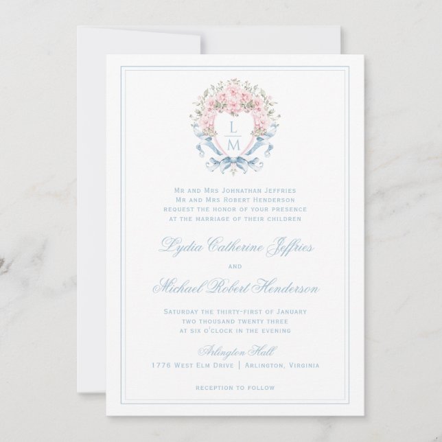 Invitation Crête de fleurs de cerise douce | Mariage de monog (Devant)