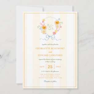 Invitation Crête florale à rayure jaune Mariage de monogramme