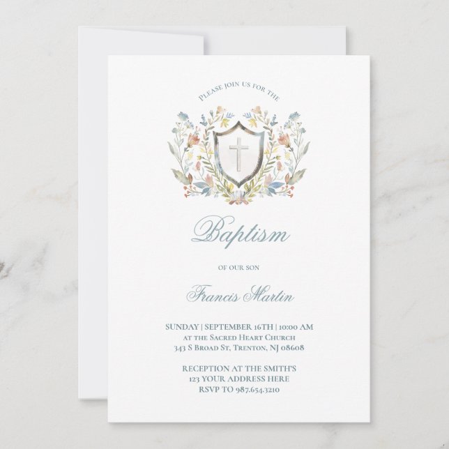 Invitation crête florale | Baptême (Devant)