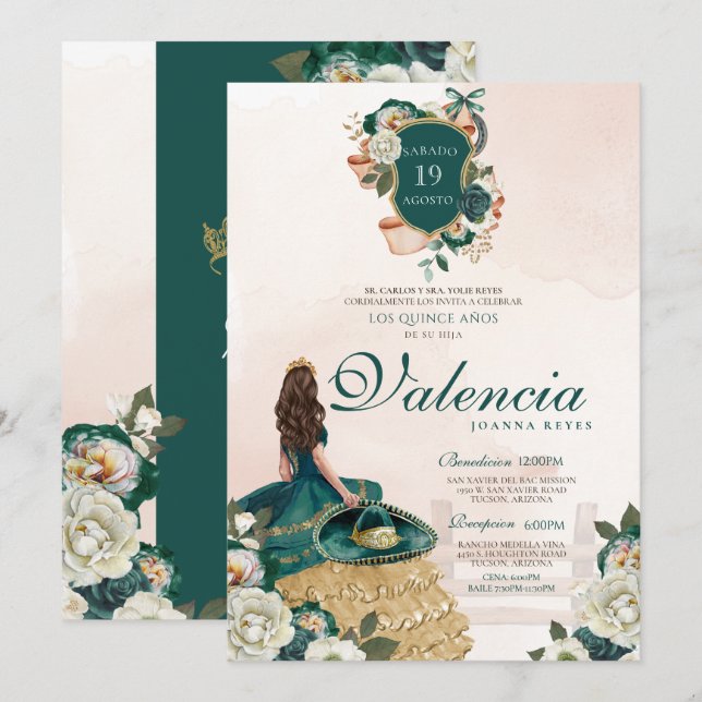 Invitation Crête florale d'or vert Élégante Charra Quinceaner (Devant / Derrière)