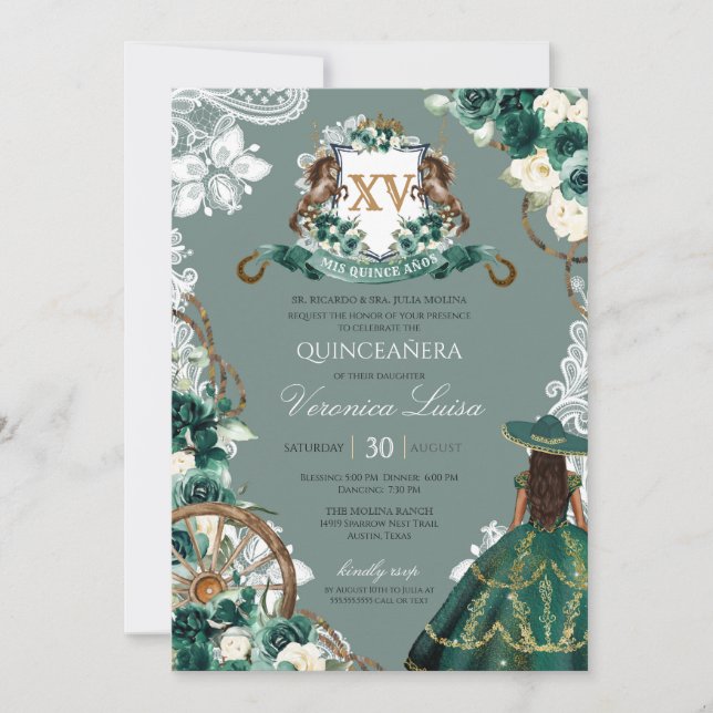 Invitation Crête florale Emerald Green Charro Quinceanera Inv (Devant)