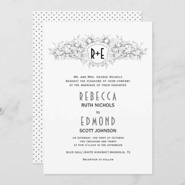 Invitation Crête héraldique grise avec initiales mariage (Devant / Derrière)