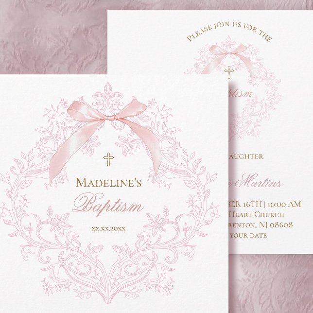 Invitation crête rose aquarelle petit arc | Baptême (Créateur téléchargé)