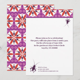 Invitation Crickets et fleurs rouge violet