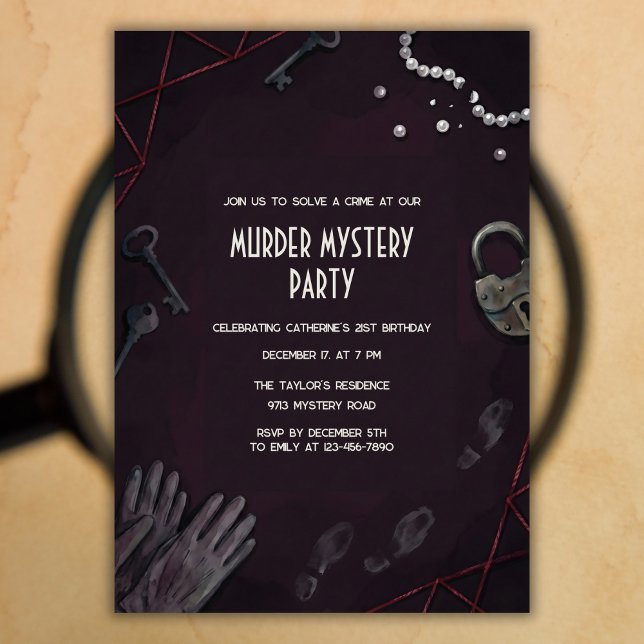 Invitation Crime Scene Murder Mystery Birthday Party (Murder Mystery Birthday – Noir Crime Scene, Keys & Pearls, Personalized)