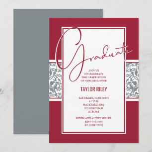 Invitation Crimson Grey Damask Graduation