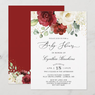 Invitation Crimson Rouge Blanc Rustique Chic Baby shower Flor