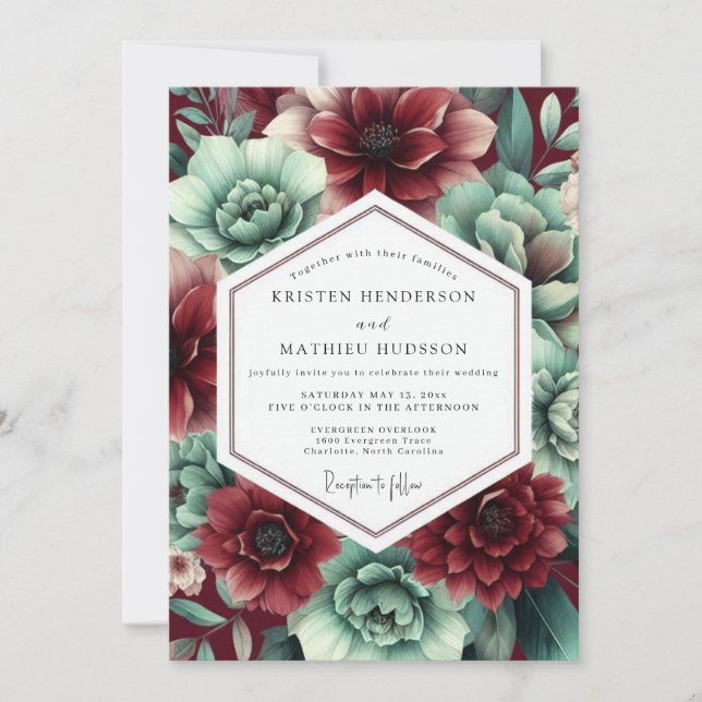 Invitation Crimson & Teal Lush Botanical Wedding (Devant)