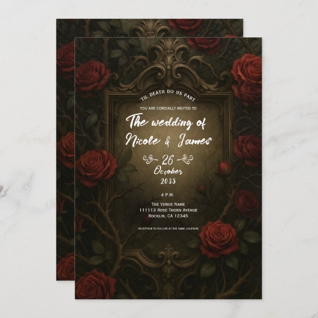 Invitation Crimson Thorn Red Roses gothique baroque Mariage (Devant / Derrière)