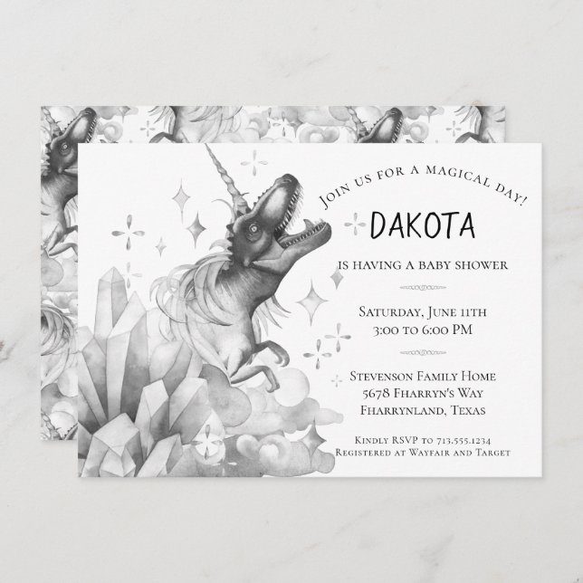 Invitation Cristal Dinocorn | Baby shower monochrome argenté (Devant / Derrière)