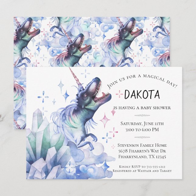 Invitation Cristal Dinocorn | Baby shower Unicorn Dinosaur (Devant / Derrière)
