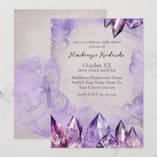 Invitation Cristaux d'Améthyste à l'Aquarelle Violette (Devant / Derrière)