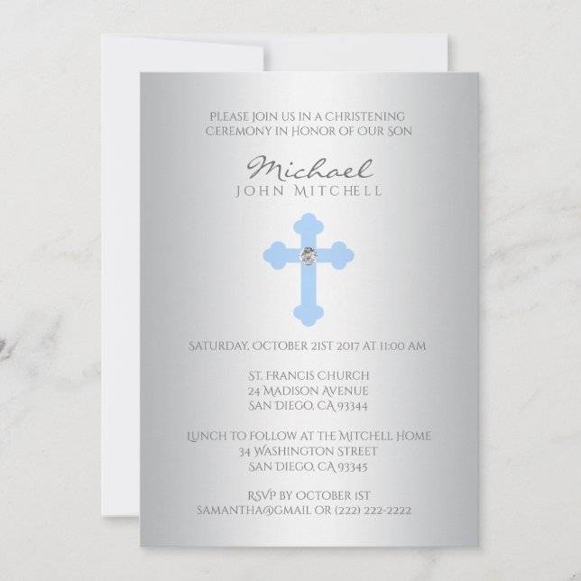Invitation croisé bleu argenté de garçon de (Devant)