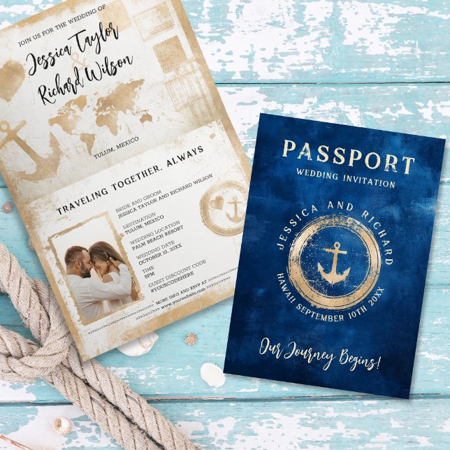 Invitation Croisière Mariage Passport Nautique Côte Vintage (passport wedding invitation with golden stamp with anchor)