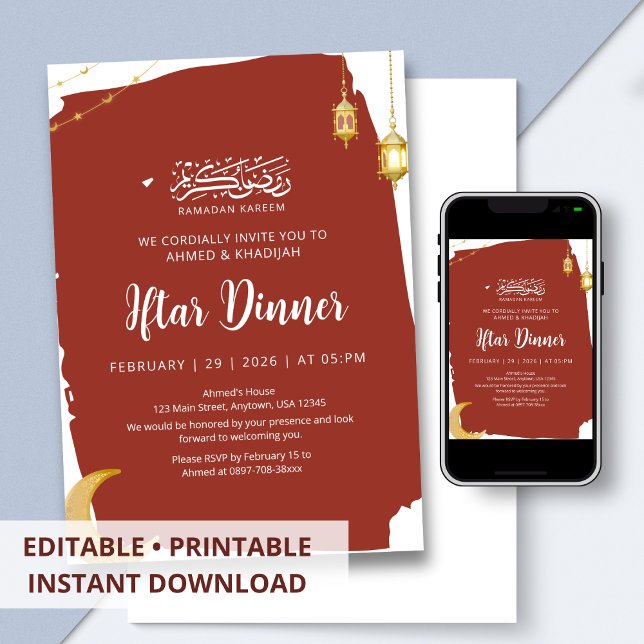 Invitation Croissant de lune de Ramadan Iftar Rouge Rustique (Créateur téléchargé)