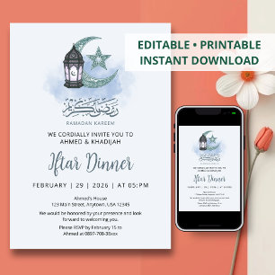 Invitation Croissant de Lune et Lanterne Élégants pour Iftar