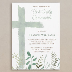 Invitation croix aquarelle verte Première Communion