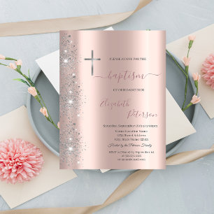 Invitation Croix argentée chic baptême poussière de pailletto