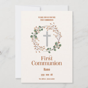 Invitation Croix argentée de première communion avec couronne
