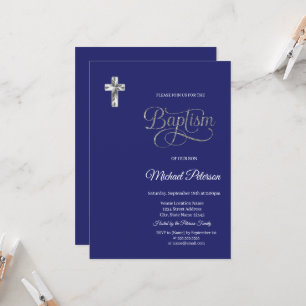 Invitation Croix argentée élégante baptême bleu marine