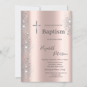 Invitation Croix argentée élégante Baptême Paillettes rose do