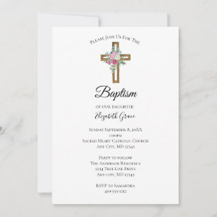 Invitation Croix avec fleurs Christening Baptême