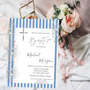 Invitation Croix Baptême Paillettes Argent Confettis Rayures