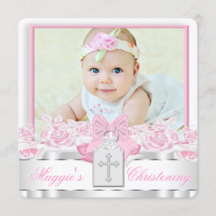 Invitation Croix blanche élégante Baptême photo rose Christ