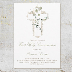 Invitation Croix blanche feuille verte Première communion sai