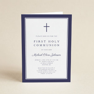 Invitation Croix Bleu Marine Moderne Garçon Première Sainte C
