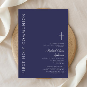 Invitation Croix bleu marine moderne Première communion