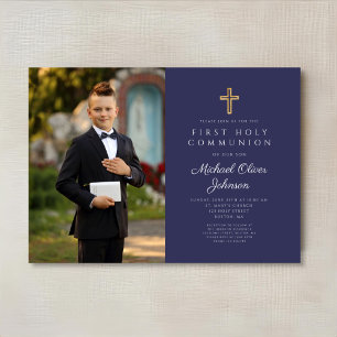 Invitation Croix Bleu Marine Photo Garçon Première Communion