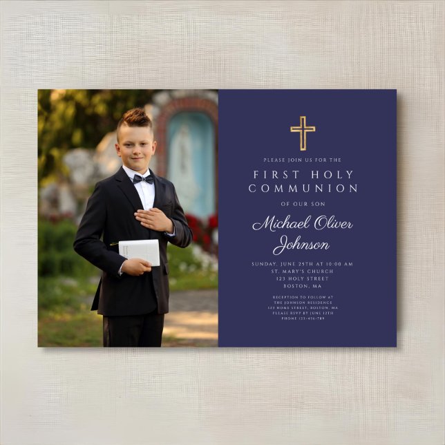 Invitation Croix Bleu Marine Photo Garçon Première Communion  (Navy Blue Cross Photo Boy First Communion Invitation)